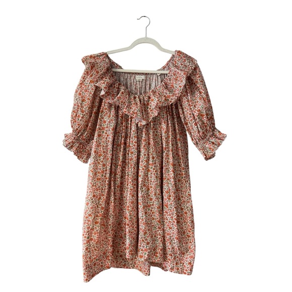 DÔEN Liberty Fabric Chime Floral Mini Dress Size M in Coral Poppy Boho Ruffles - Picture 11 of 13